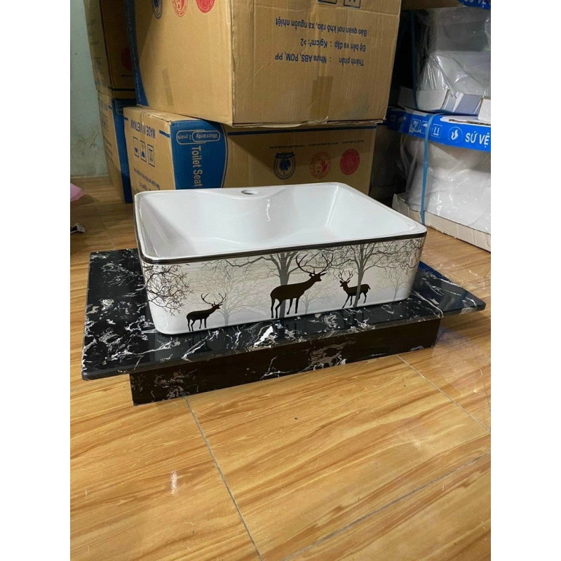 Chậu Lavabo Đặt Bàn Vuông Vân Hươu C02