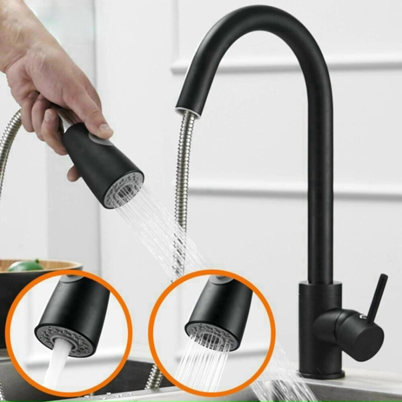 Vòi Rửa Chén Nano Đen Nóng Lạnh Có Dây Rút 